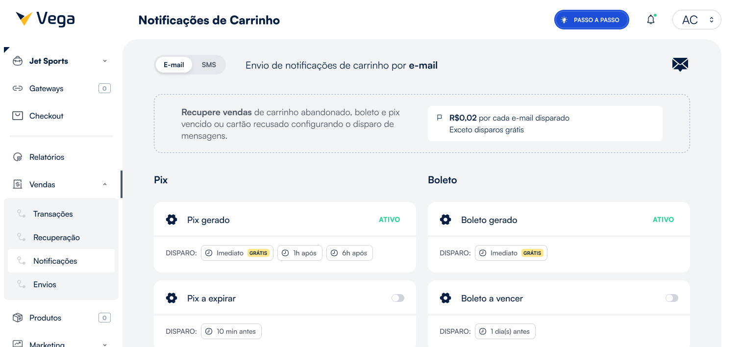 Notificações de carrinho abandonado Vega